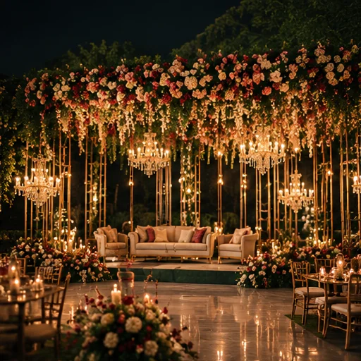 Elegant wedding stage with hanging flowers and warm lights