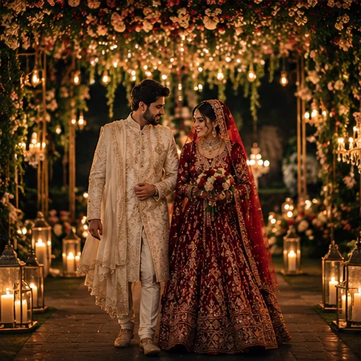 Bangladeshi bride and groom framed by garden lights after sunset