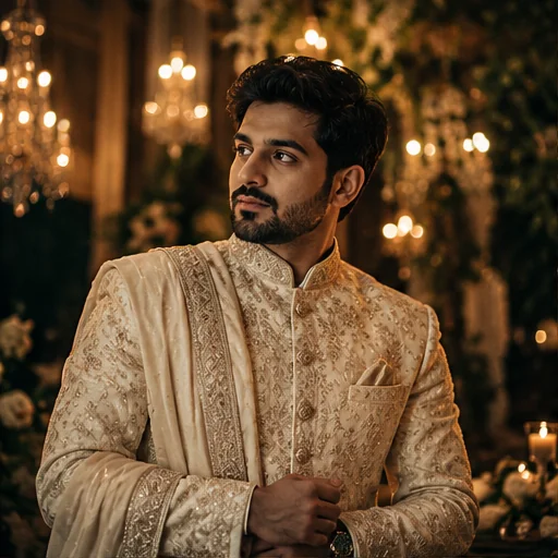 Editorial groom portrait in an ivory embroidered sherwani