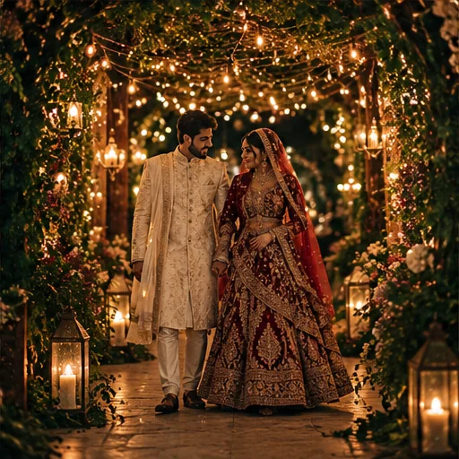 Newlyweds walking beneath a floral arch and cinematic garden lighting