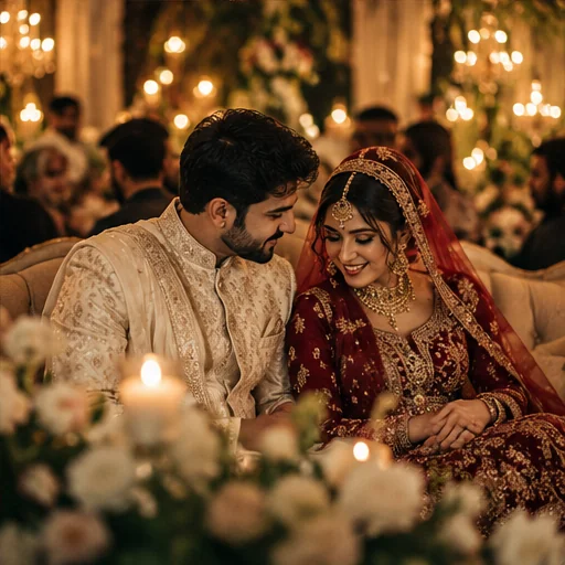 An intimate newlywed moment surrounded by soft golden lights