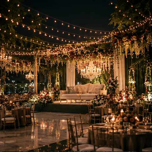 Wide cinematic view of a lush evening wedding reception venue