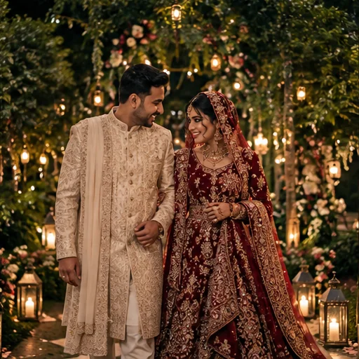 Newlyweds walking together beneath garden wedding lights