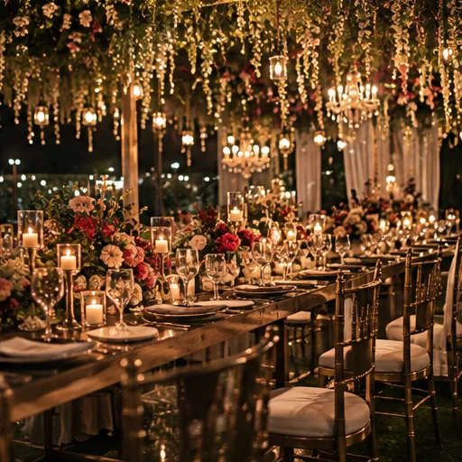 Candlelit wedding reception tables with flowers and warm hanging lights